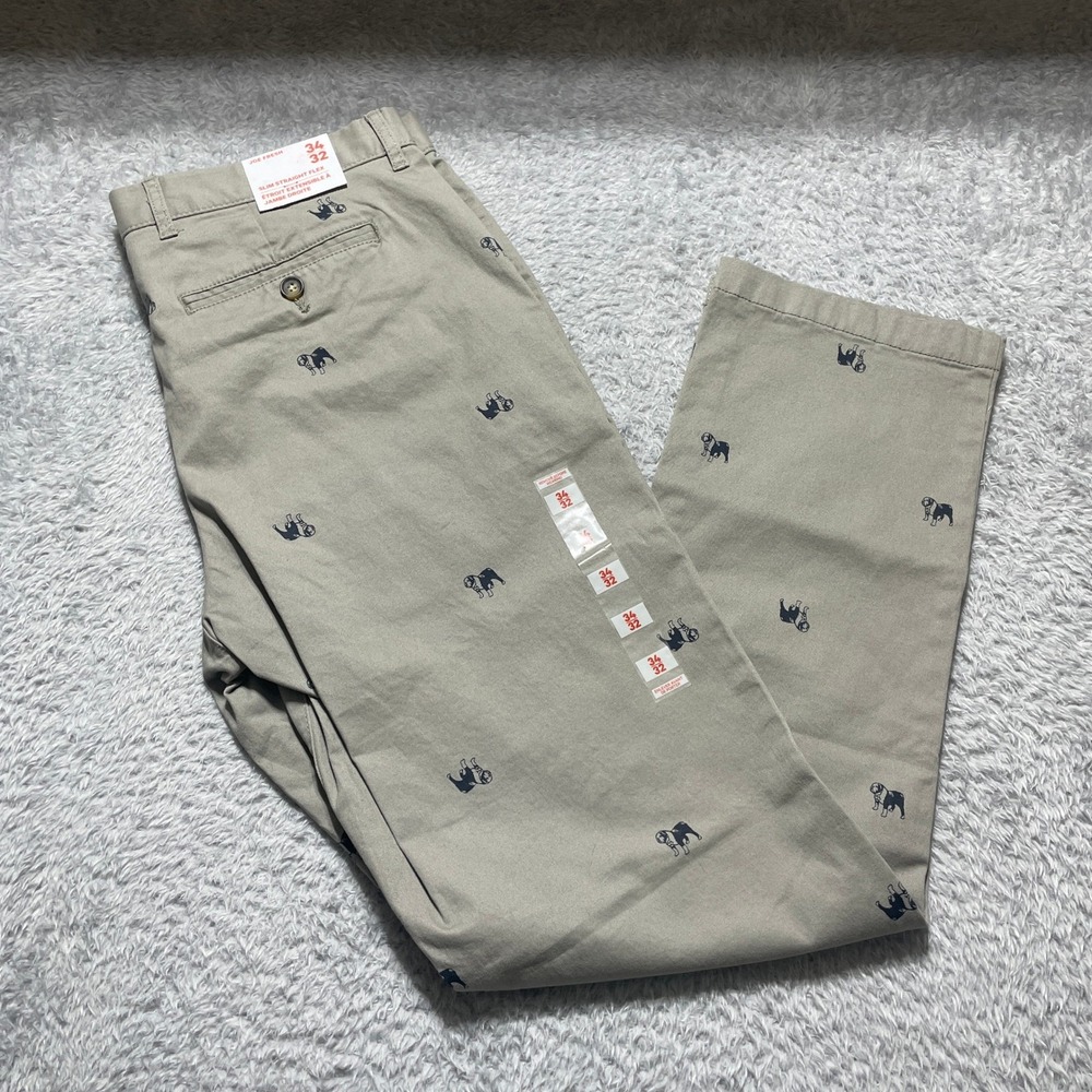 Joe Fresh Mens Slim Straight Flex Bulldog Critter Khaki Chino Pants 34x32 NWT